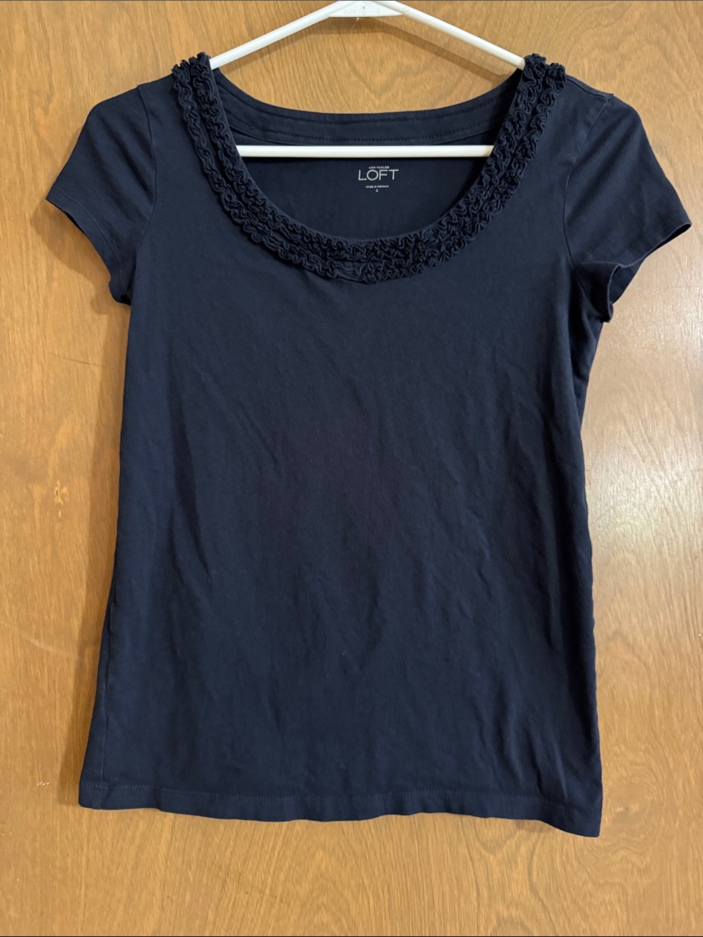LOFT Navy Short-Sleeve Scoop Neck Tee with Ruffle Trim